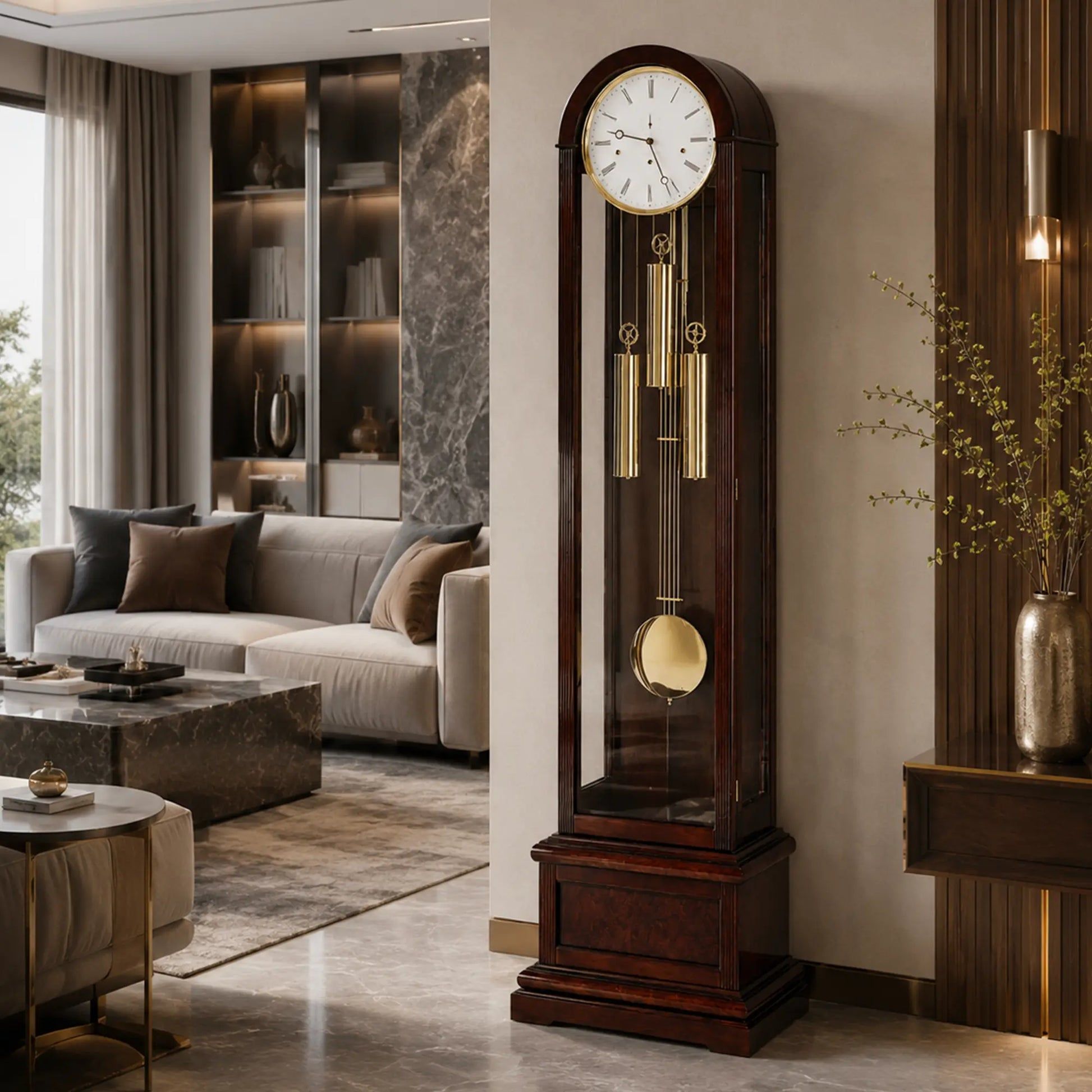 Reloj de pie en la habitación: caja de madera oscura, esfera blanca y varillas de péndulo doradas