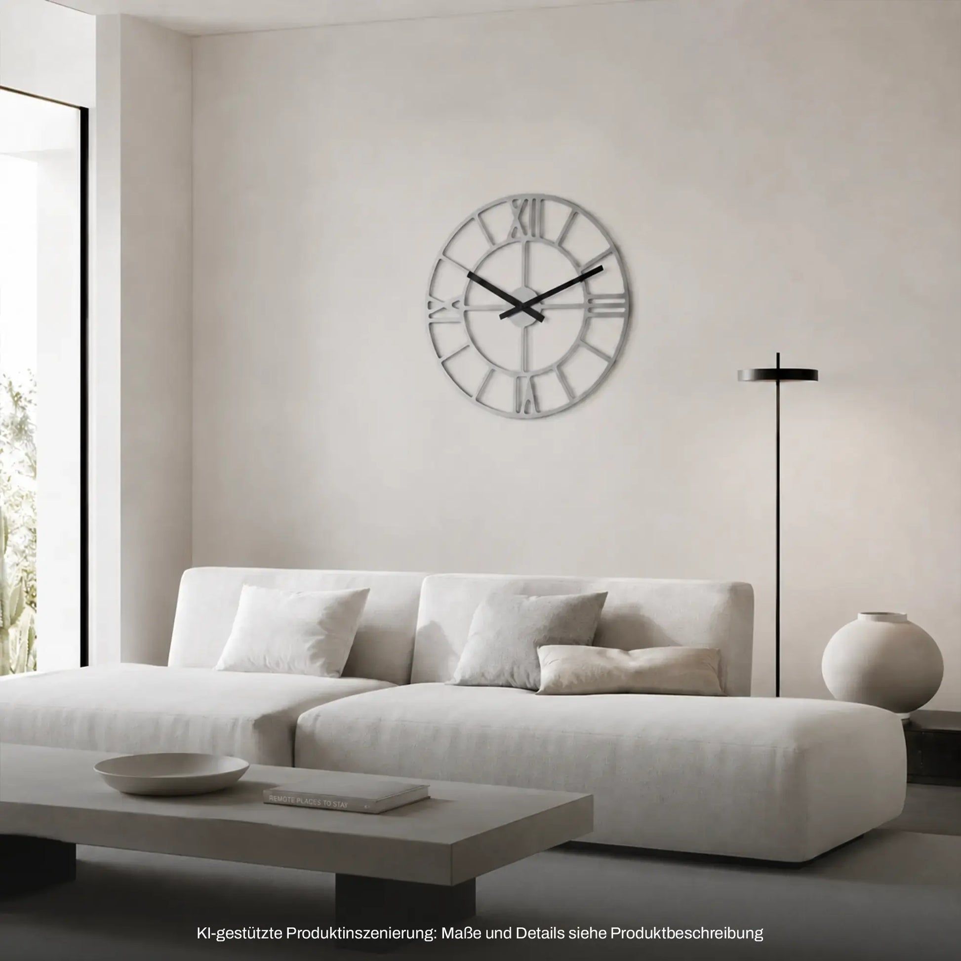 Minimalistische Wanduhr mit Holzrahmen, transparentem Zifferblatt, römischen Zahlen und schwarzen Zeigern