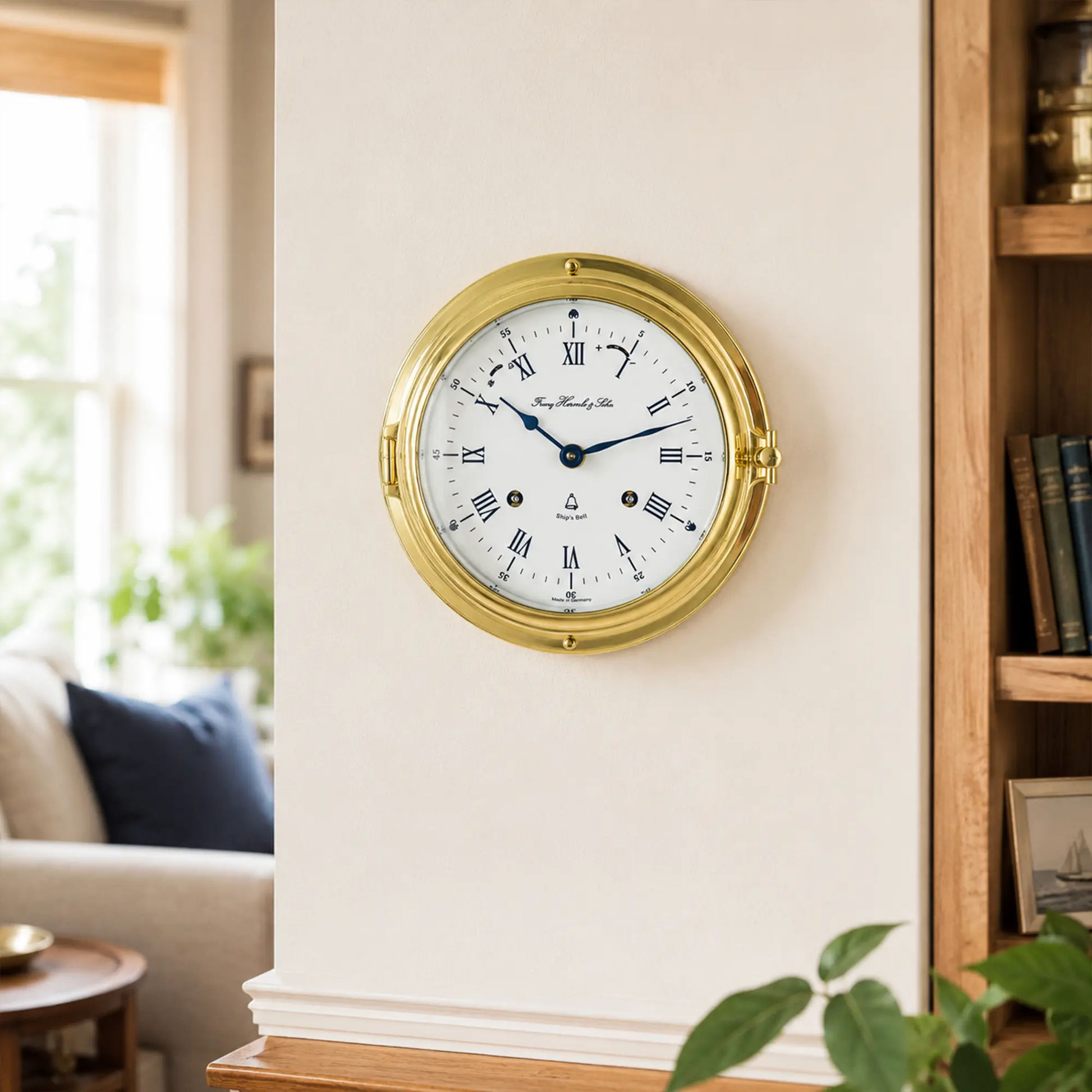 Reloj de pared con caja redonda de latón, esfera blanca y manecillas azules, marcadores romanos.