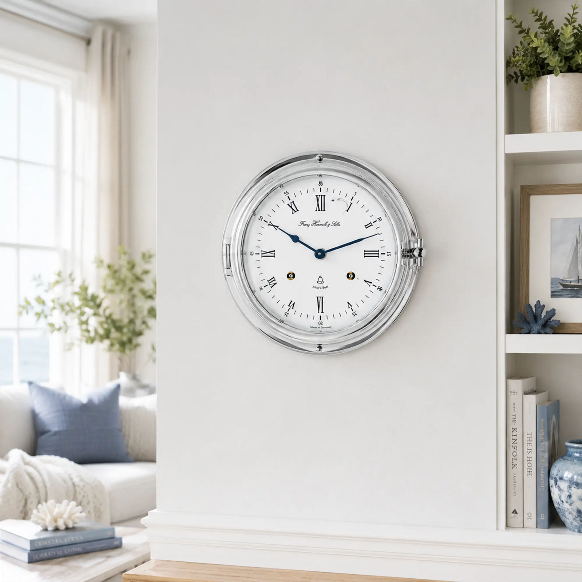 Reloj de mesa analógico redondo con marco plateado, esfera blanca y manecillas azules