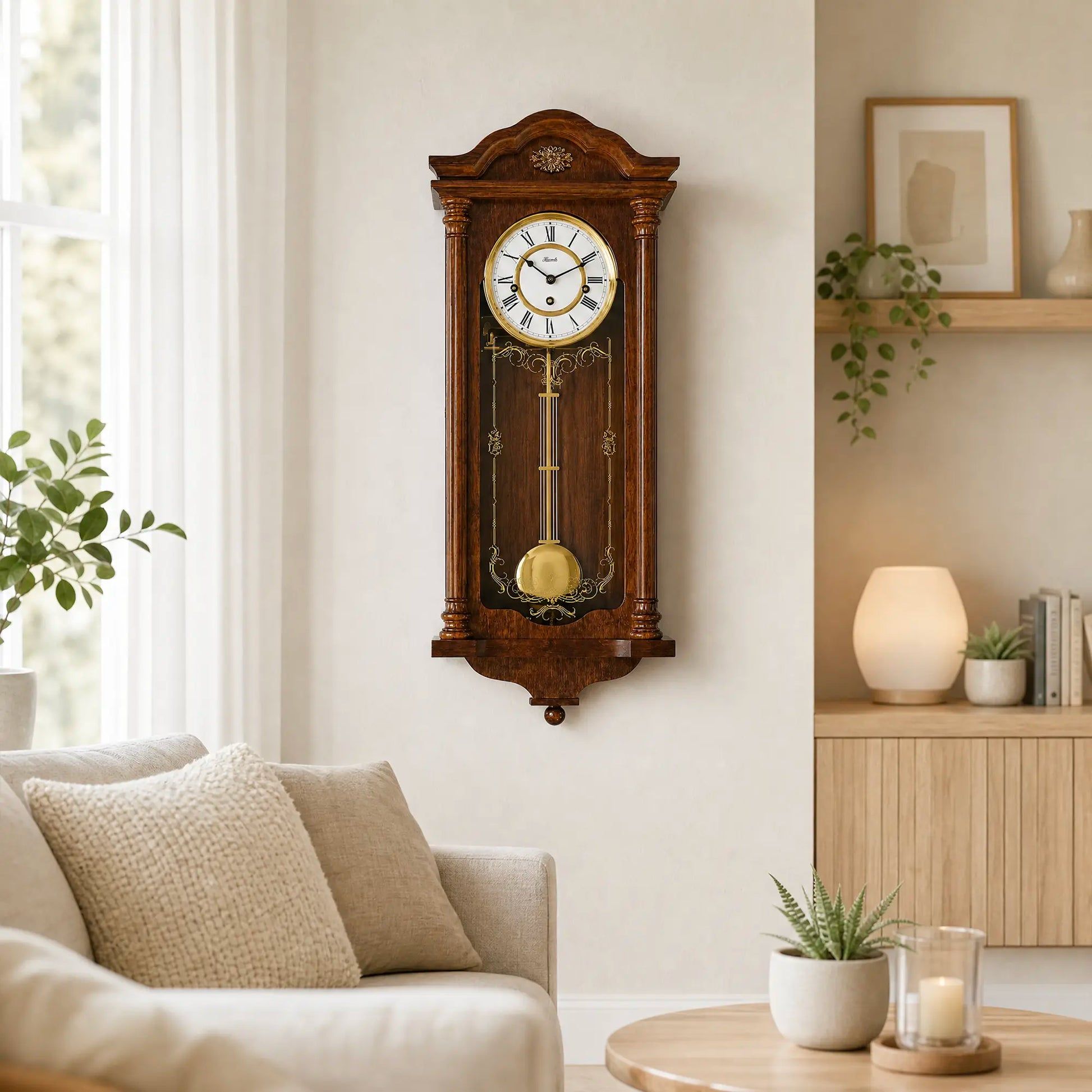 Reloj de pared de madera con esfera, remate de madera tallada y péndulo en cristal.