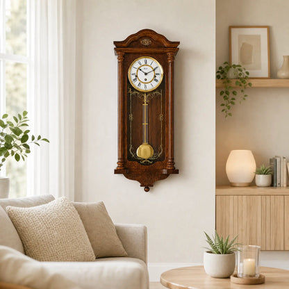 Reloj de pared de madera con esfera, remate de madera tallada y péndulo en cristal.