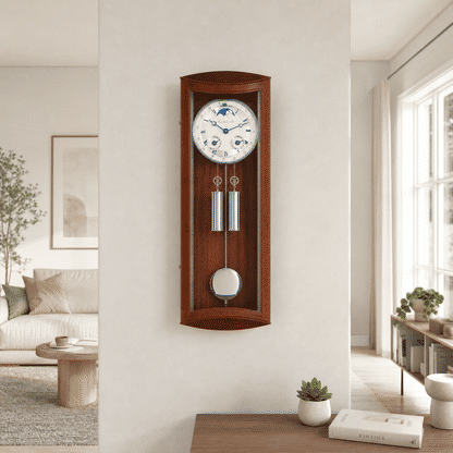 Reloj de pared de madera en marco de madera con esfera redonda, péndulo y gran gong, en la pared
