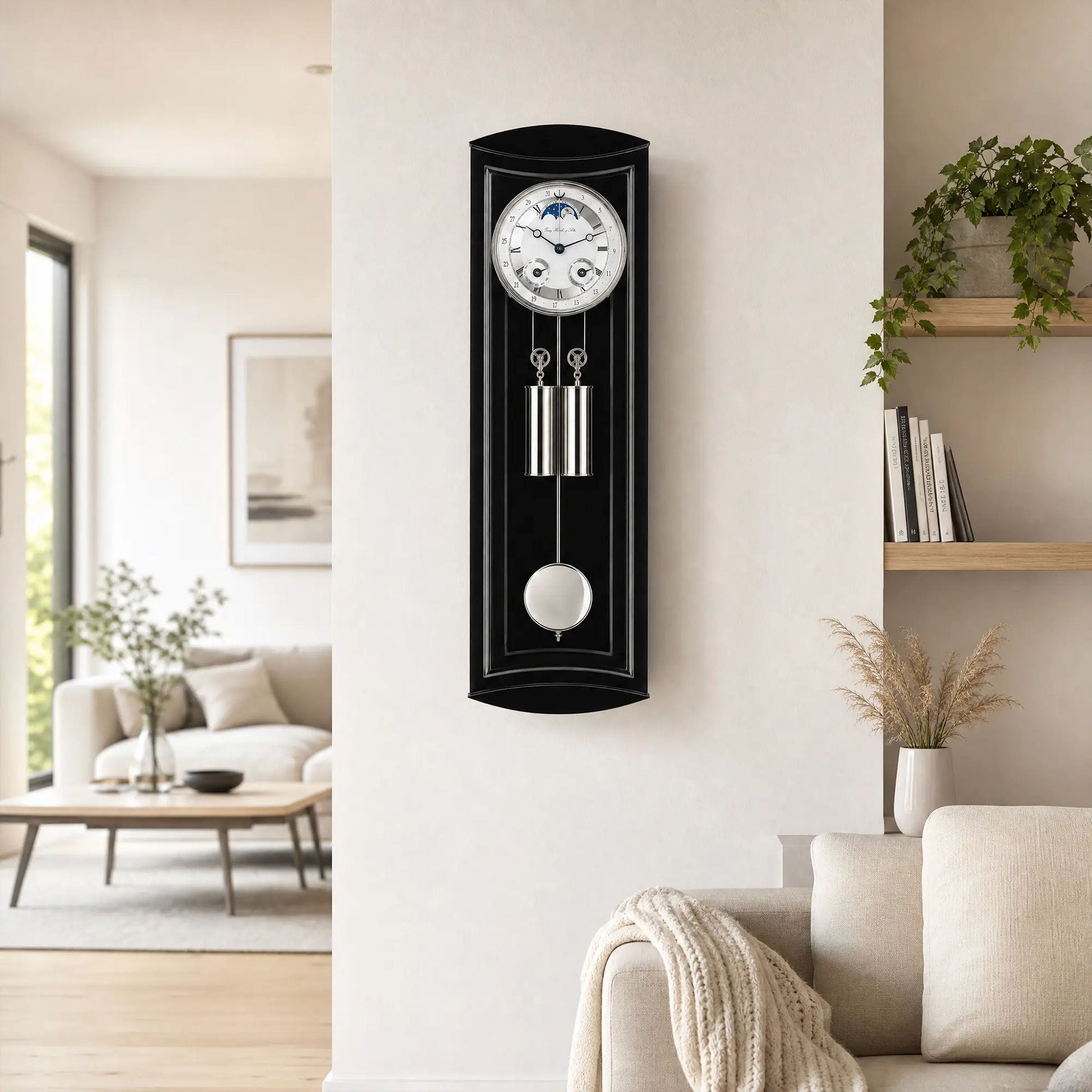 "Reloj de pared con caja negra, esfera blanca y péndulo"