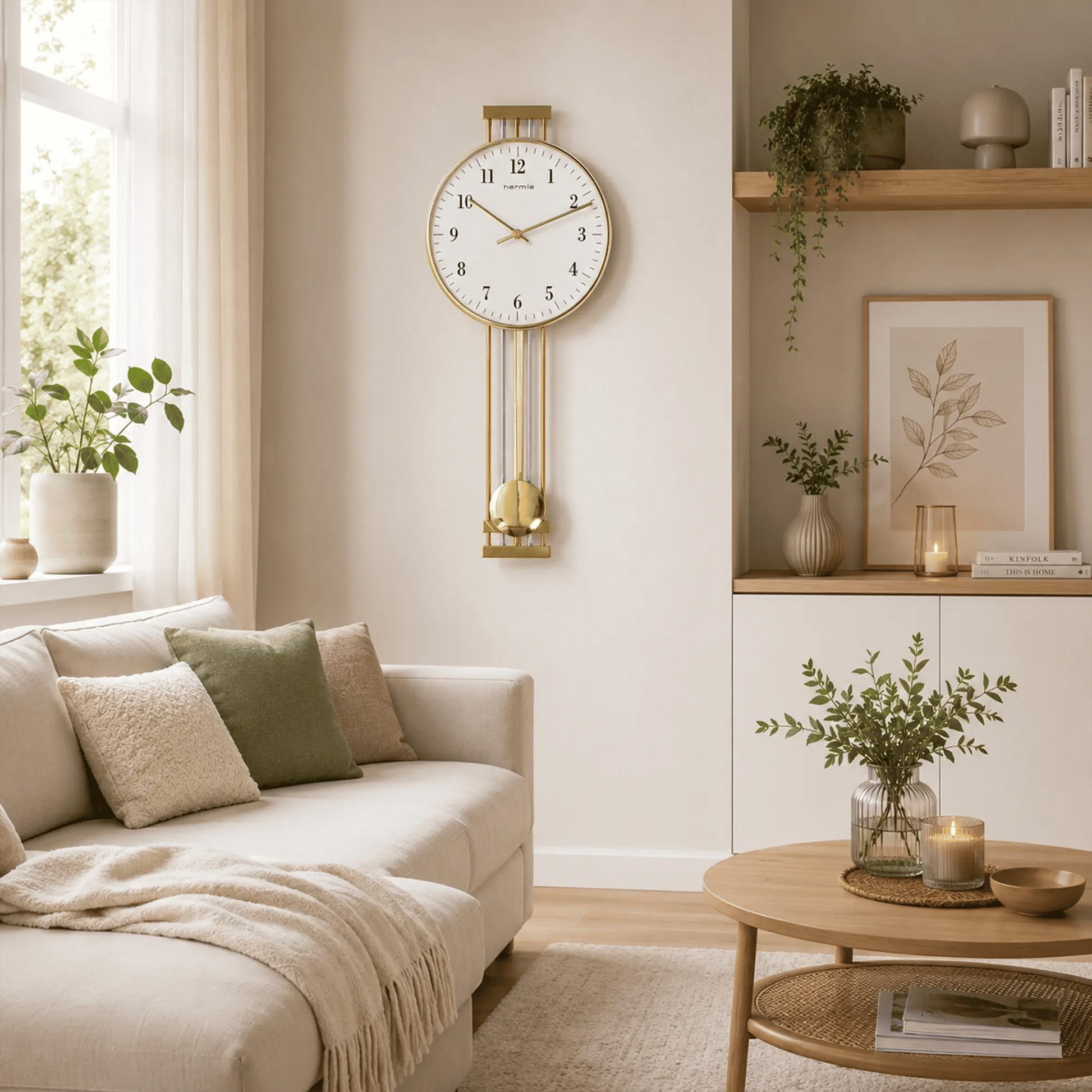 "Reloj de pared con caja redonda dorada, esfera blanca y varillas de péndulo."
