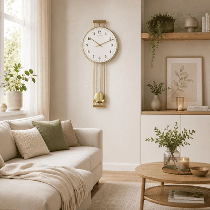 "Reloj de pared con caja redonda dorada, esfera blanca y varillas de péndulo."