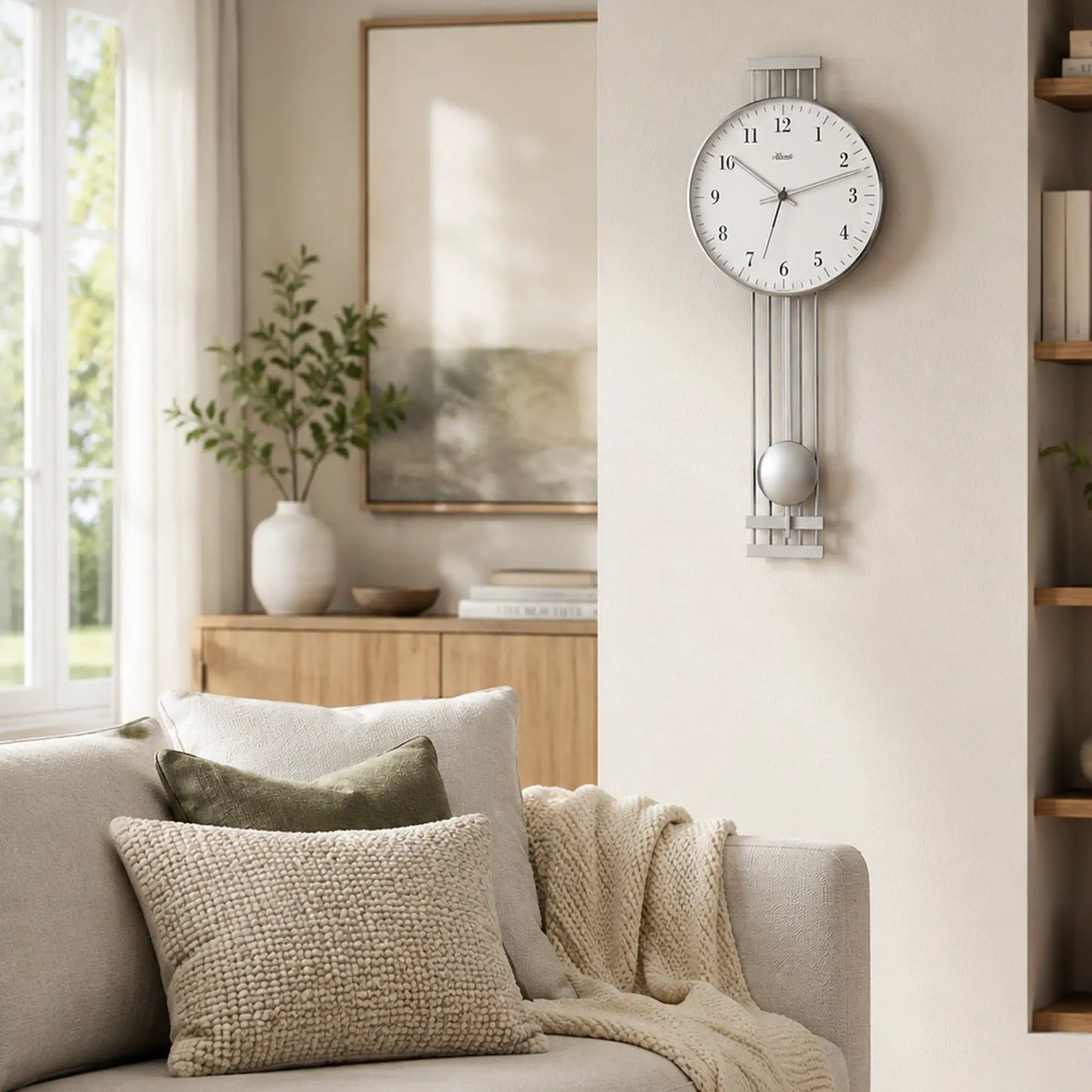 Reloj de pared con péndulo, esfera redonda y delgados péndulos metálicos