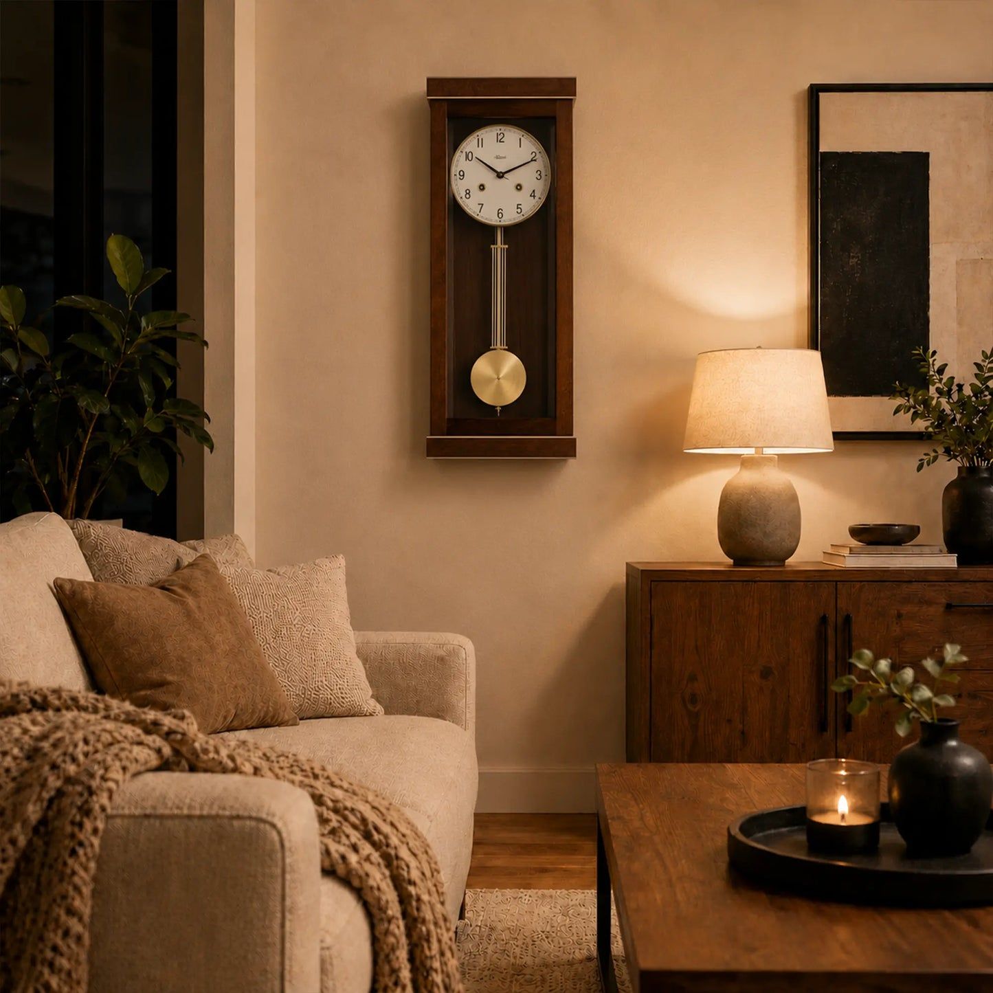 Reloj de pared de madera con esfera redonda y péndulo en marco rectangular