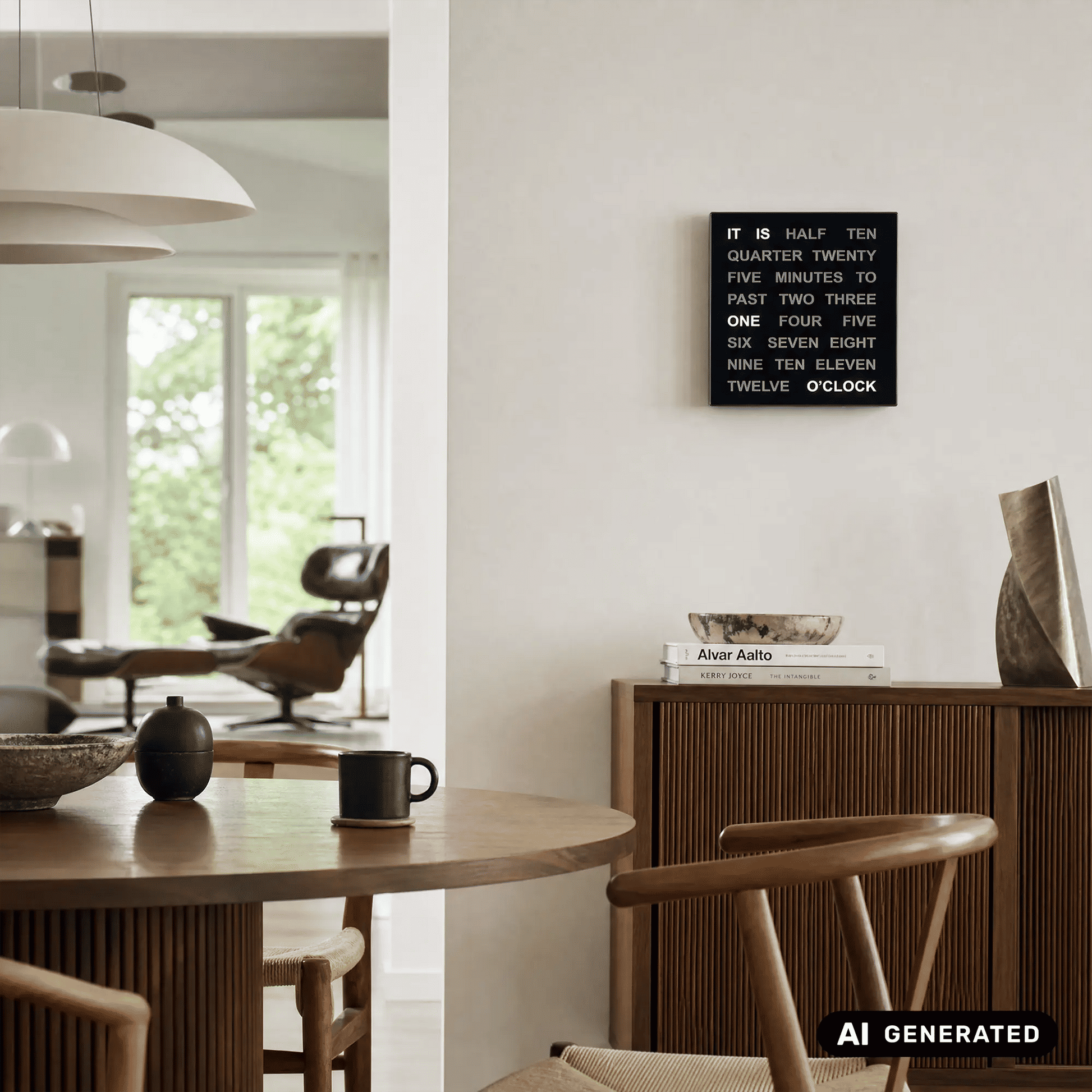 Schwarze LED-Wortuhr mit leuchtendem Text an der Wand