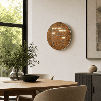 Runde LED-Wanduhr mit braunem Zifferblatt und leuchtender Wortanzeige an der Wand