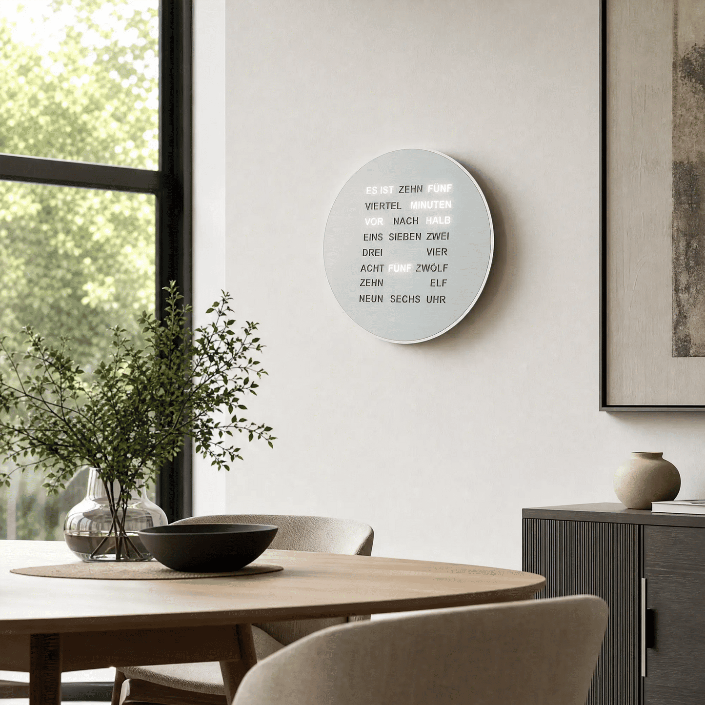 Runde LED-Wortanzeige-Wanduhr an heller Wand mit Schriftanzeige auf Metallfront