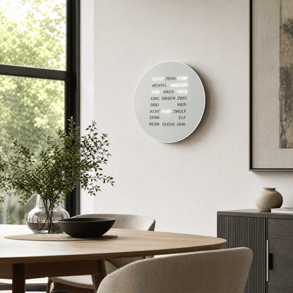 Runde LED-Wortanzeige-Wanduhr an heller Wand mit Schriftanzeige auf Metallfront