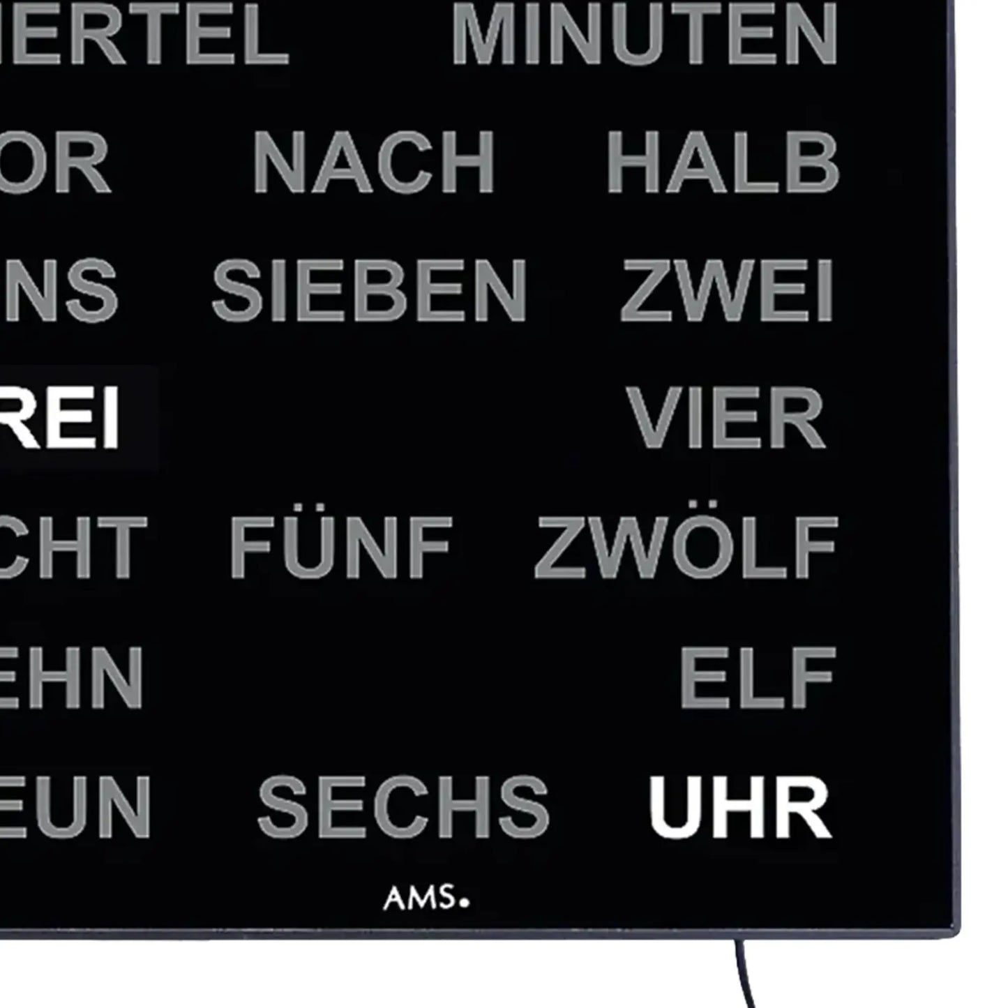 Nahaufnahme der LED-Wortanzeige, schwarzer Bildschirm mit weißem Schrifttext