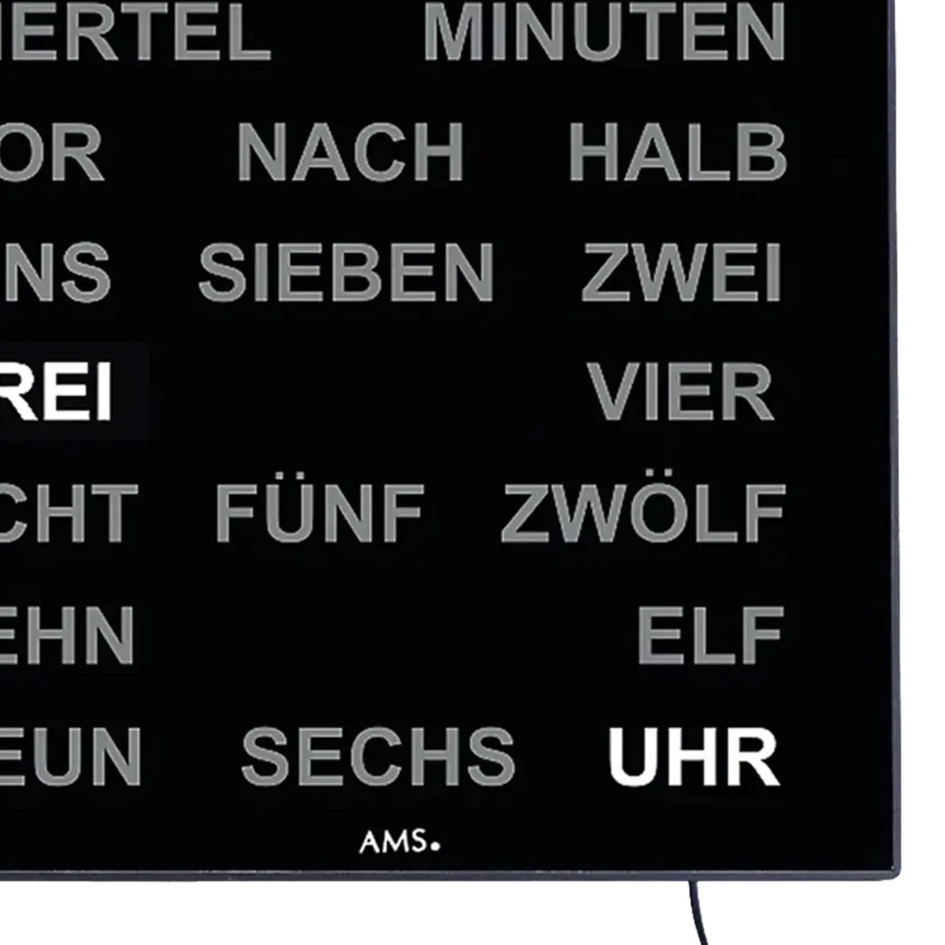 Nahaufnahme der LED-Wortanzeige, schwarzer Bildschirm mit weißem Schrifttext