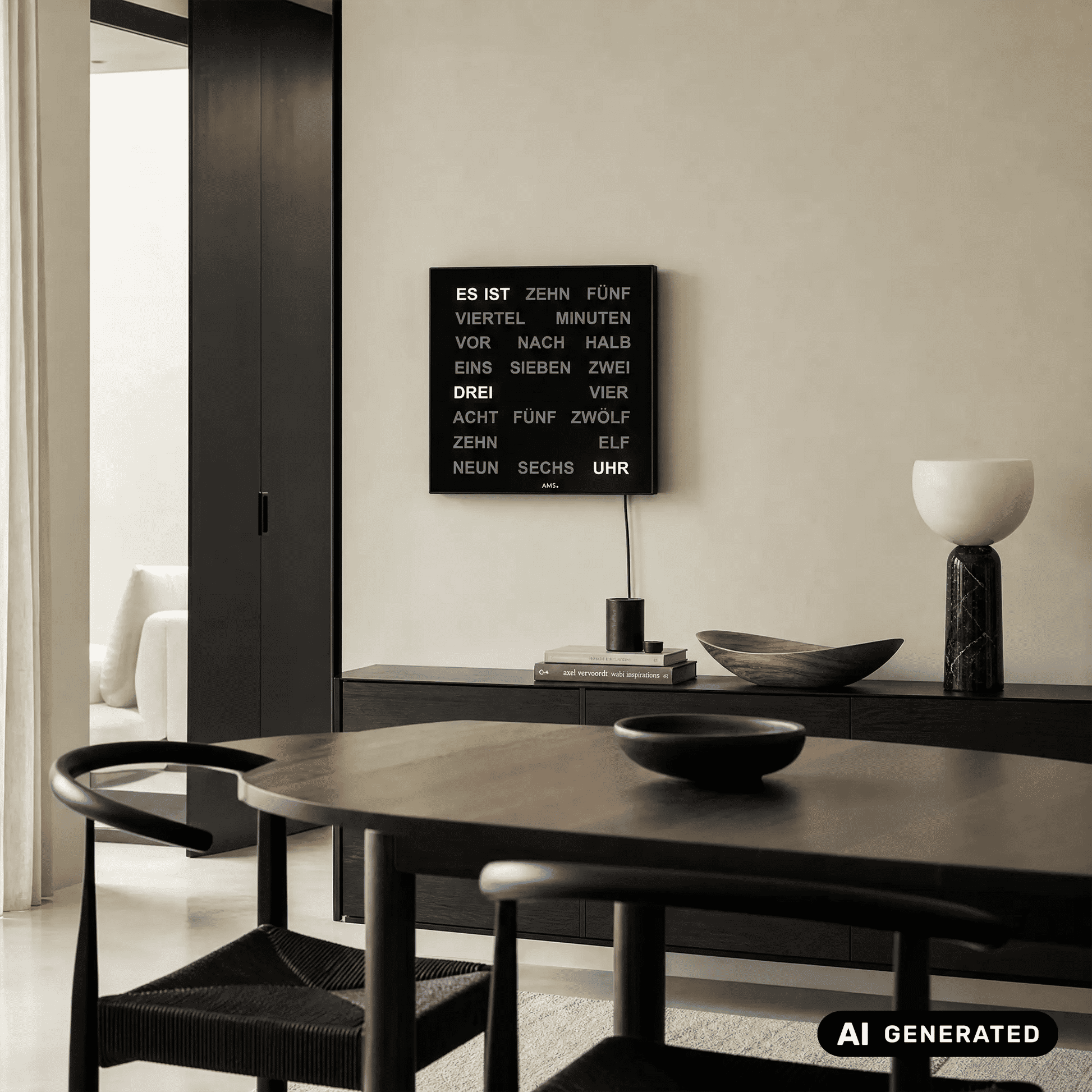LED-Wortanzeige-Tafel an Wand, schwarzes Quadrat mit weißen Wortzeiten