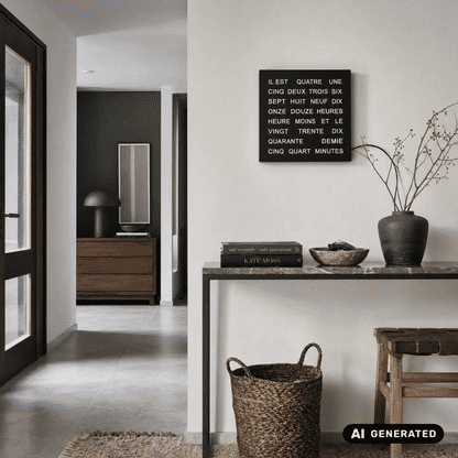 Schwarze Wortuhr an der Wand mit LED-Textanzeige, quadratisch