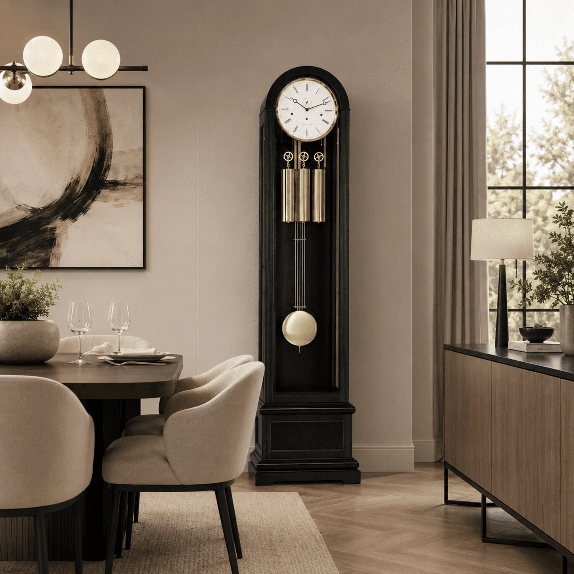 Reloj de pie Hermle en negro con esfera blanca, varillas de péndulo doradas y esfera