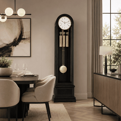 Reloj de pie Hermle en negro con esfera blanca, varillas de péndulo doradas y esfera