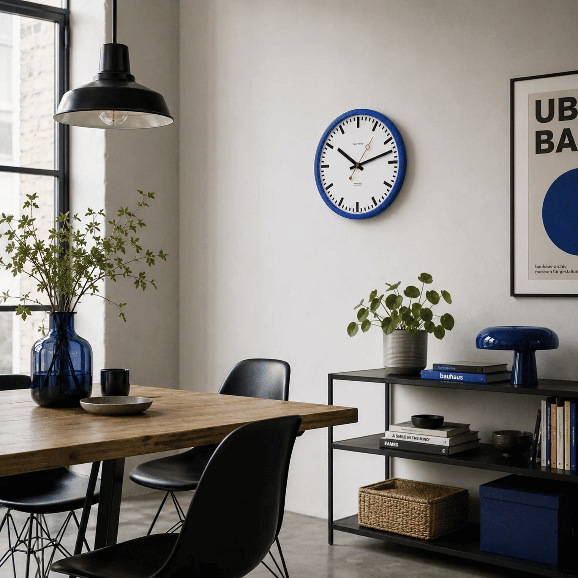 Reloj de pared en la pared, carcasa azul, esfera blanca y manecillas rojas