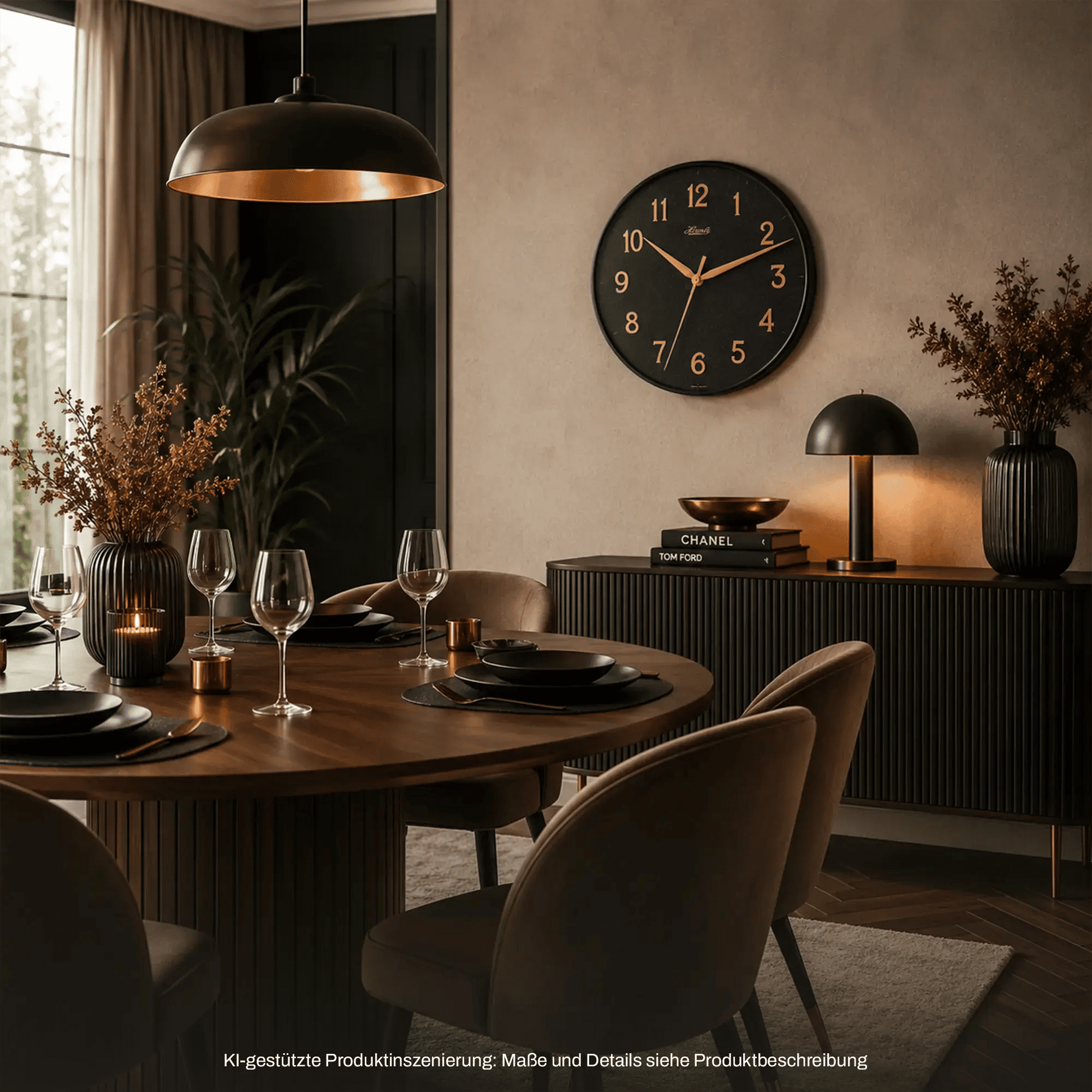 Hermle Wanduhr, runde Wanduhr mit schwarzem Zifferblatt und orangefarbenen Zeigern