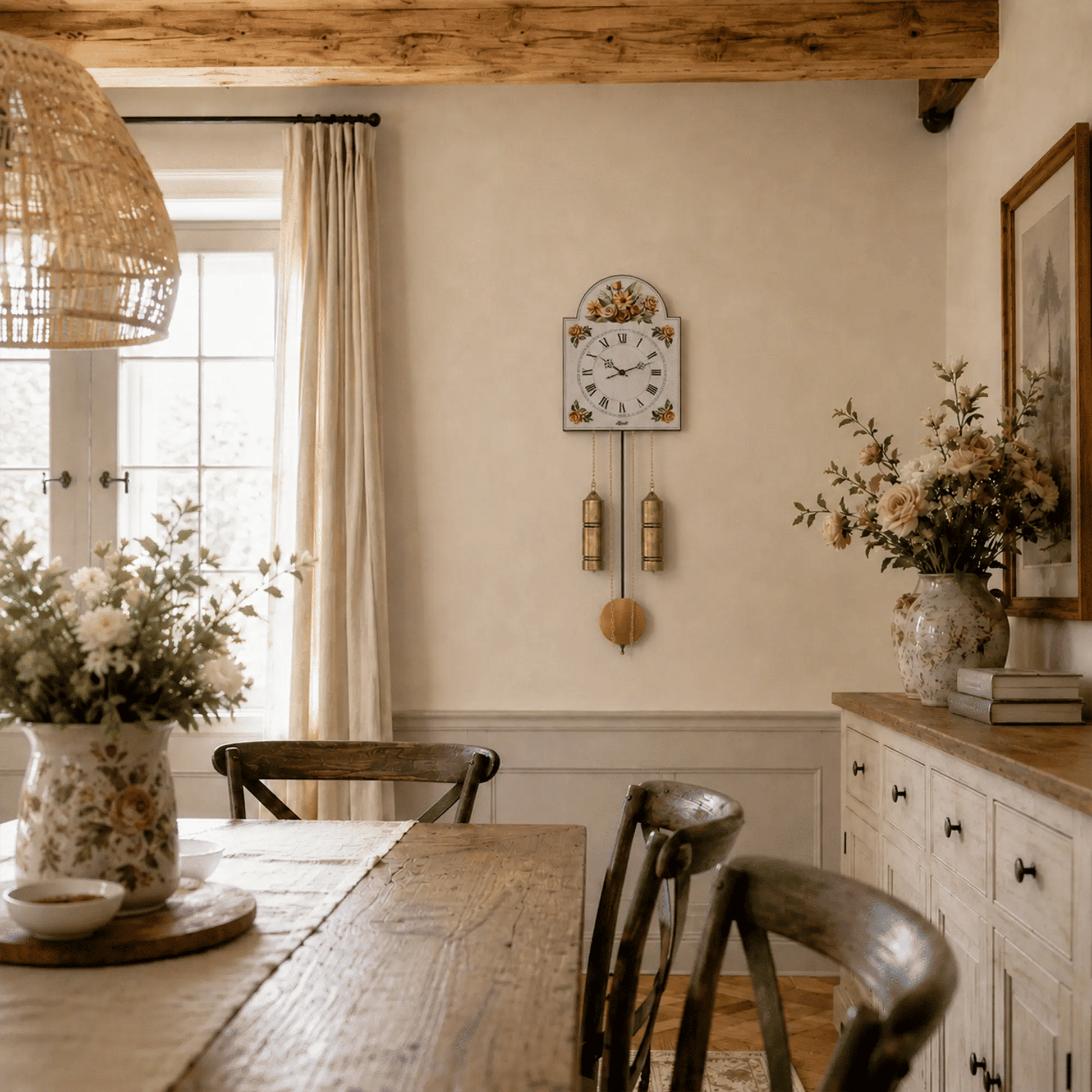 Reloj de pared con esfera de flores y péndulo dorado