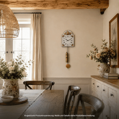 Wanduhr aus Holz mit weißem Zifferblatt, floralem Rahmen und Pendel