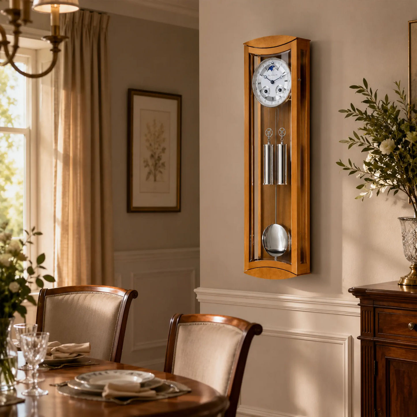 Reloj de pared de madera con esfera redonda, ventana de cristal y péndulo de metal
