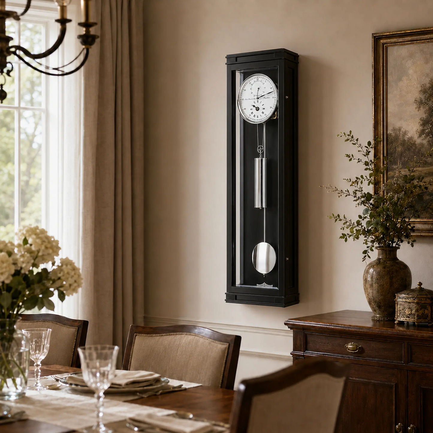 Reloj de pared con caja negra, esfera blanca y péndulo plateado en cristal.