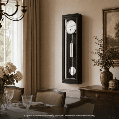 Wanduhr mit schwarzem Gehäuse und Regulator-Zifferblatt, klarer Pendelstab innen