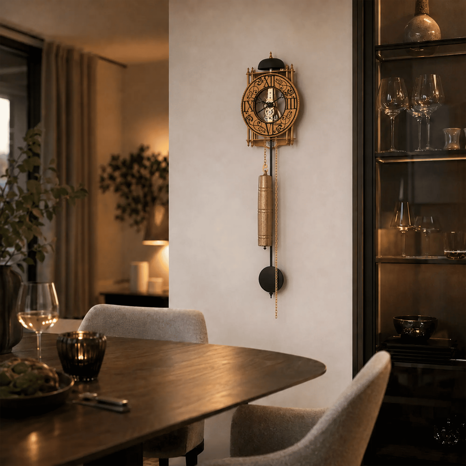 "Reloj de pared con esfera redonda y péndulo, caja de color bronce"