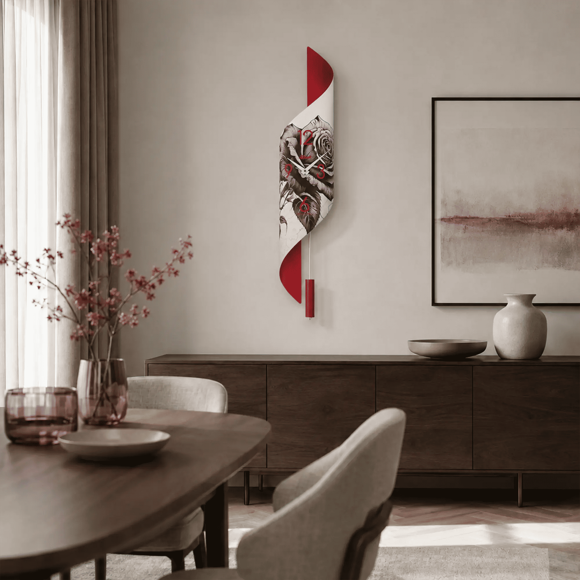 Reloj de pared en la pared con lazo rojo y esfera blanca con patrón negro