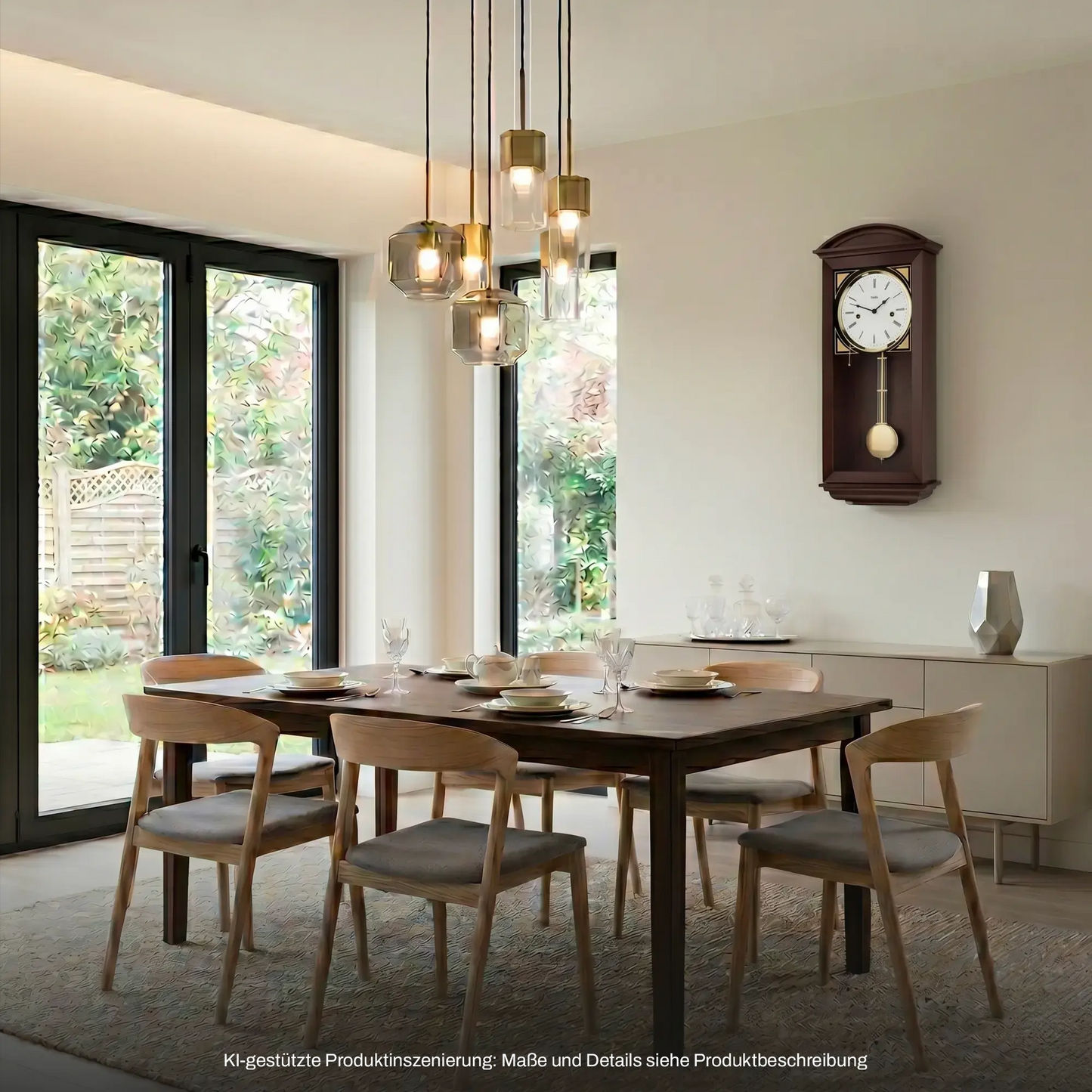 Hermle Wanduhr aus Holz mit rundem Zifferblatt und Pendelgewicht, an der Wand