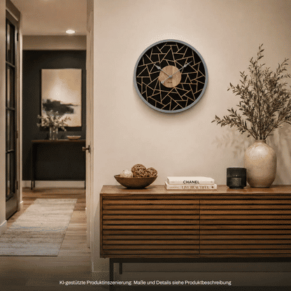 Runde Wanduhr an der Wand mit schwarzem Ziffernblatt, goldenen Linien und Holzmitte