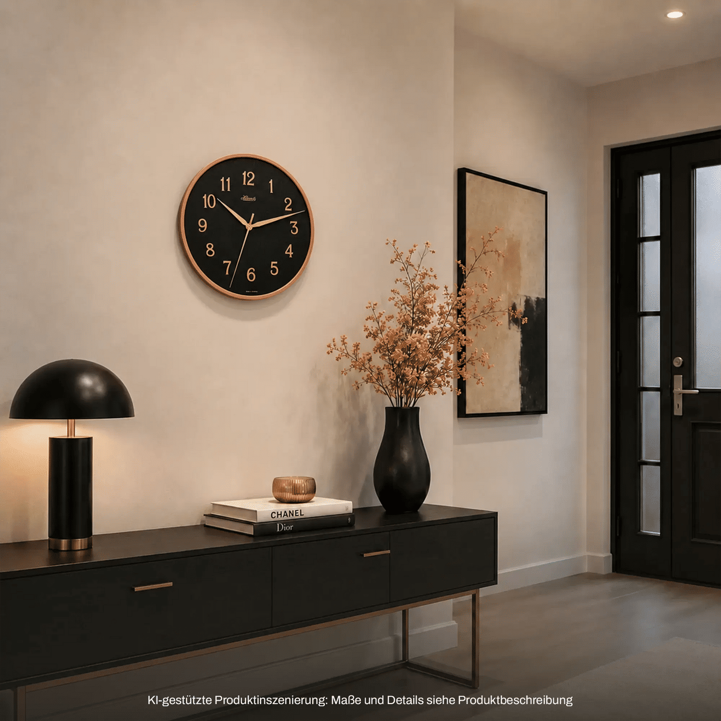 Runde Wanduhr an der Wand: orangefarbener Rahmen, schwarzes Ziffernblatt, goldene Zeiger.