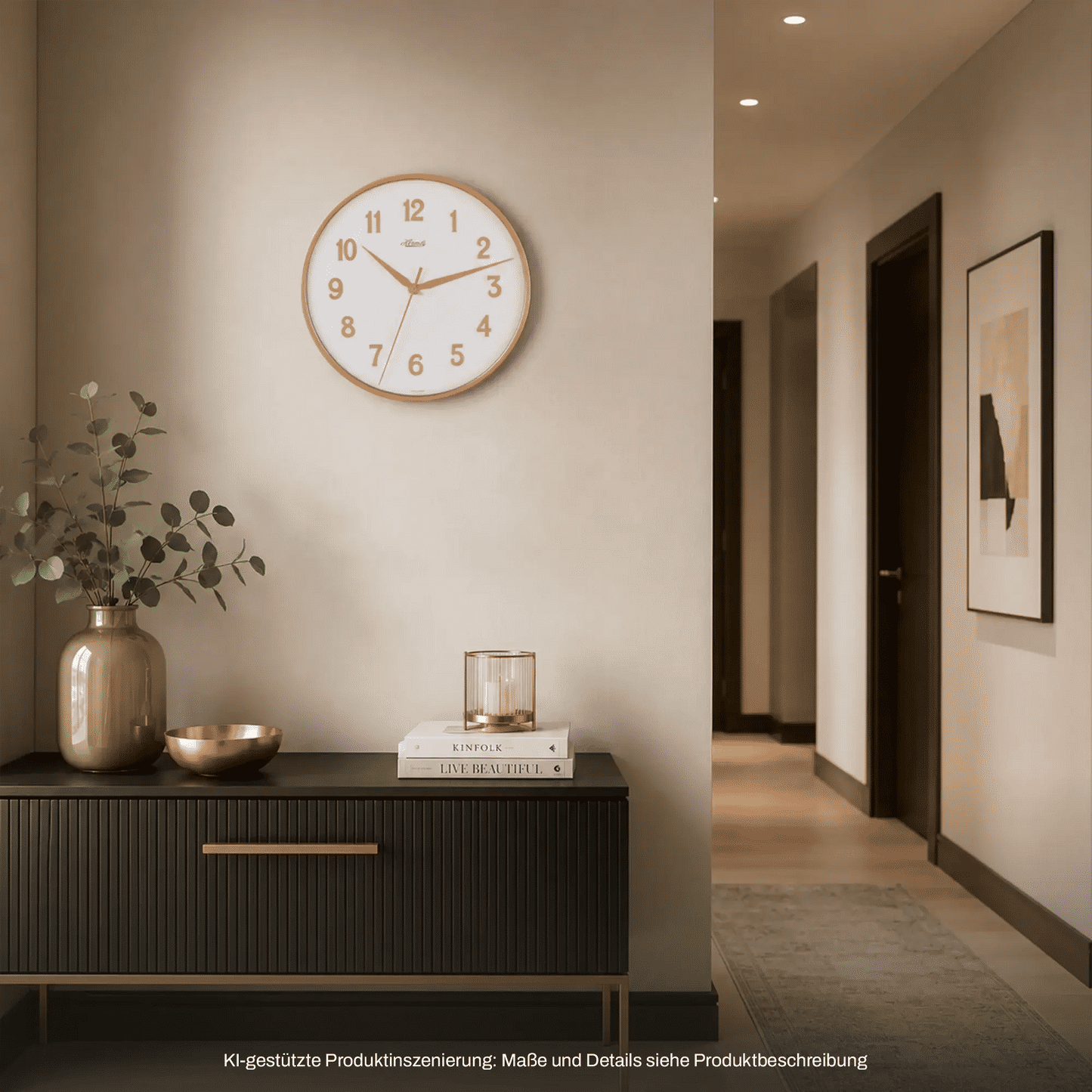 Runde Wanduhr an der Wand mit orangefarbenem Rahmen, gut lesbaren Ziffern und Zeigern