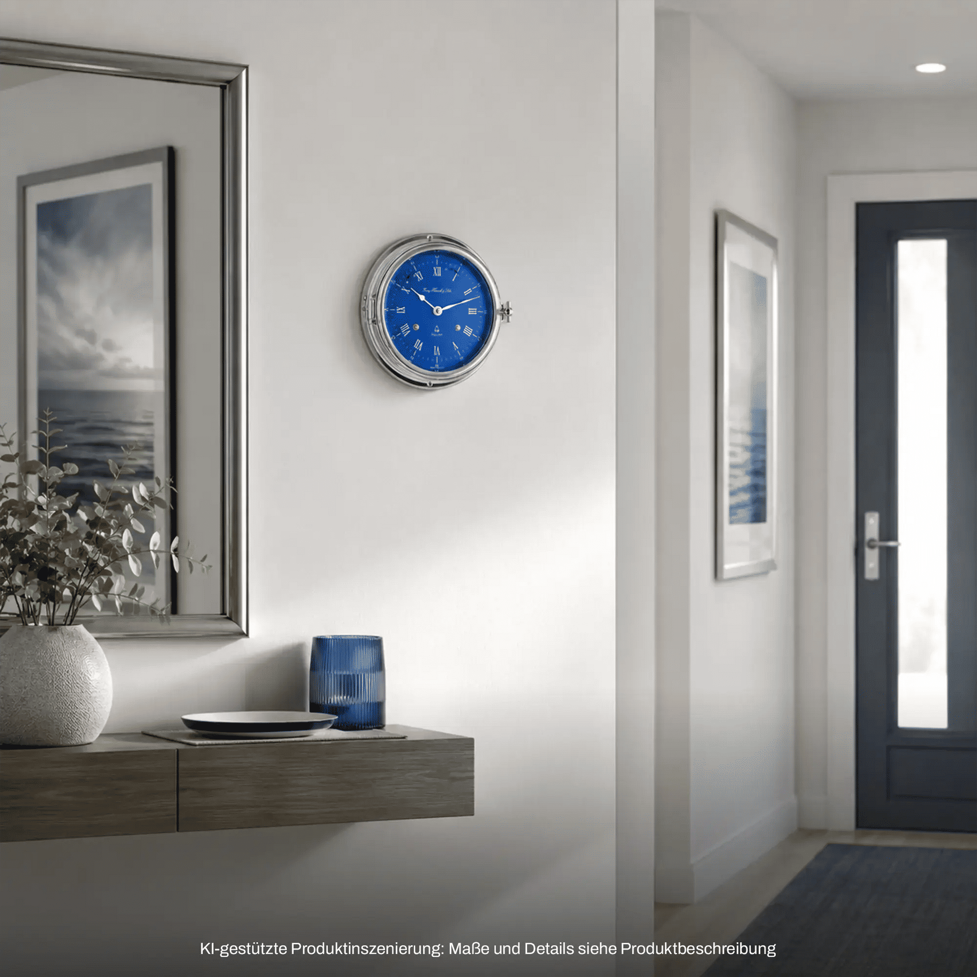 Wanduhr mit blauem Zifferblatt und silbernem Gehäuse an der Wand, zentral im Bild.