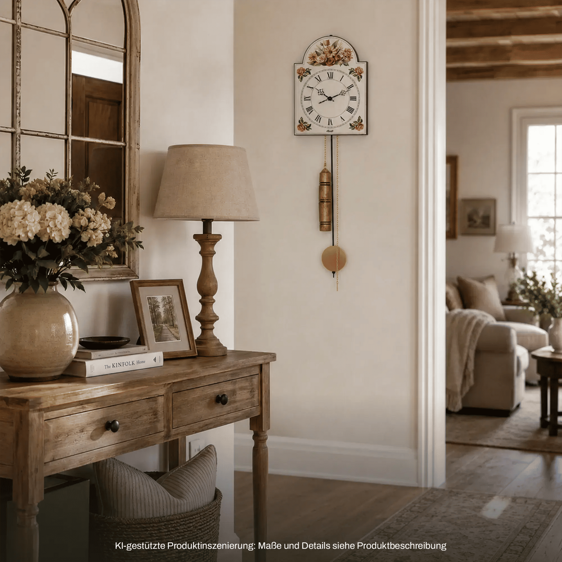 Wanduhr aus Holz mit floralem Zifferblatt, sichtbarem Messingpendel und Pendellot
