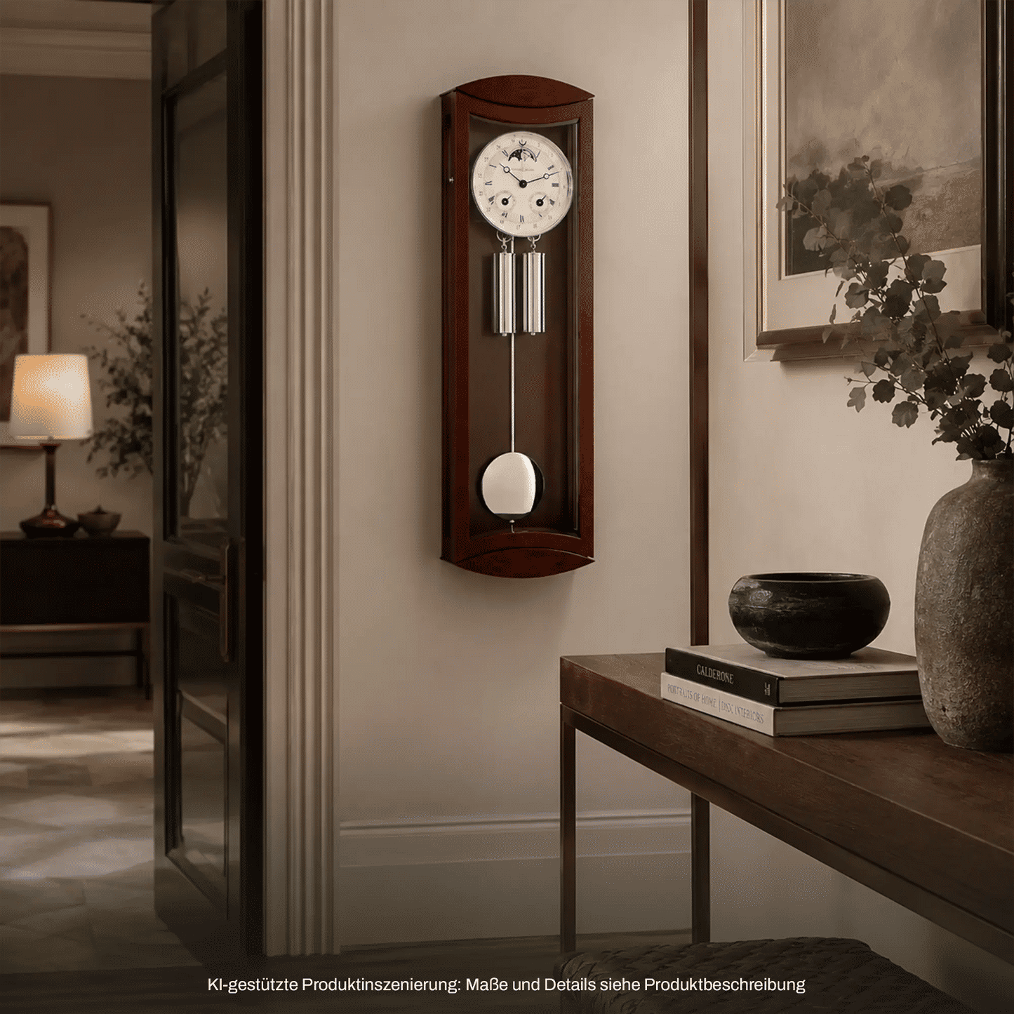Wanduhr aus Holz mit rundem Zifferblatt, Pendelstäben und Pendelball unten