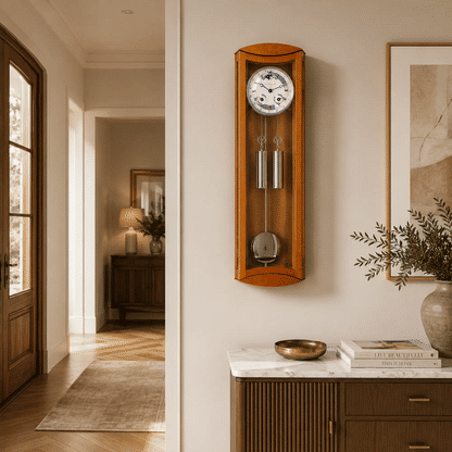 Reloj de pared de madera con esfera redonda, cristal y péndulo de metal