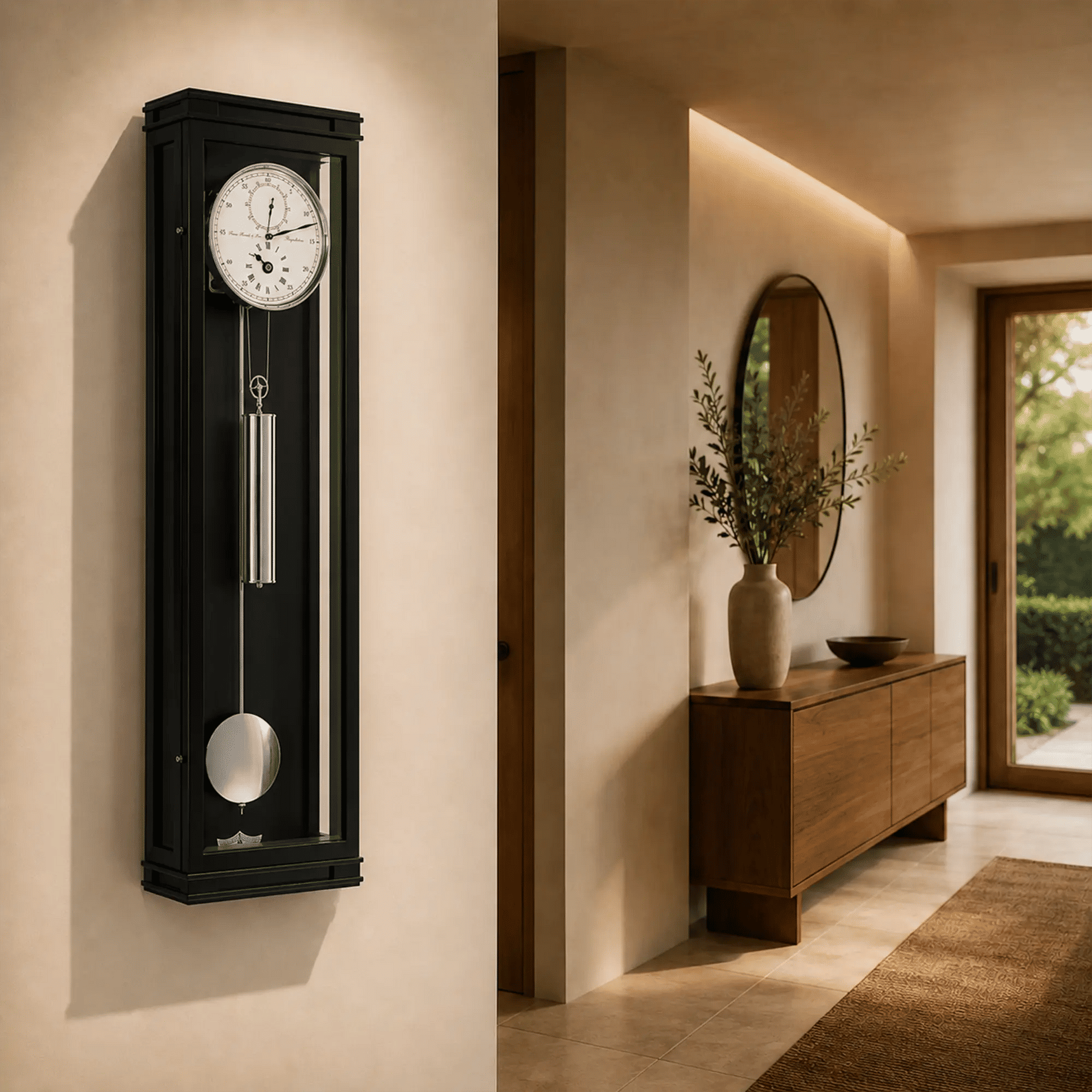 Reloj de pared con caja negra, péndulo redondo y esfera blanca enmarcada.