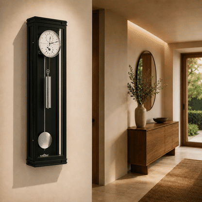 Reloj de pared con caja negra, péndulo redondo y esfera blanca enmarcada.