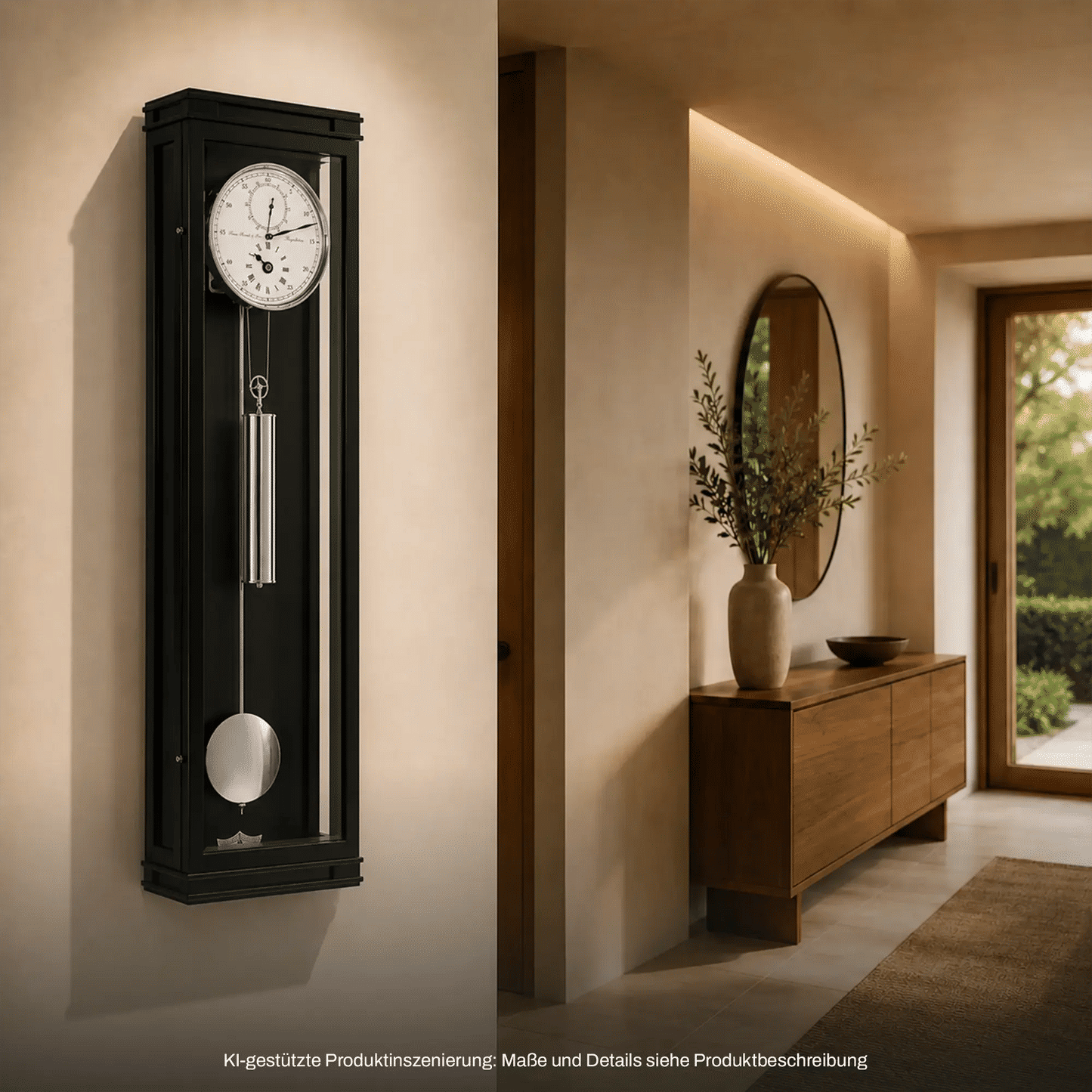 Wanduhr mit schwarzem Glaskasten, rundem Pendelgewicht und senkrechtem Pendelstab
