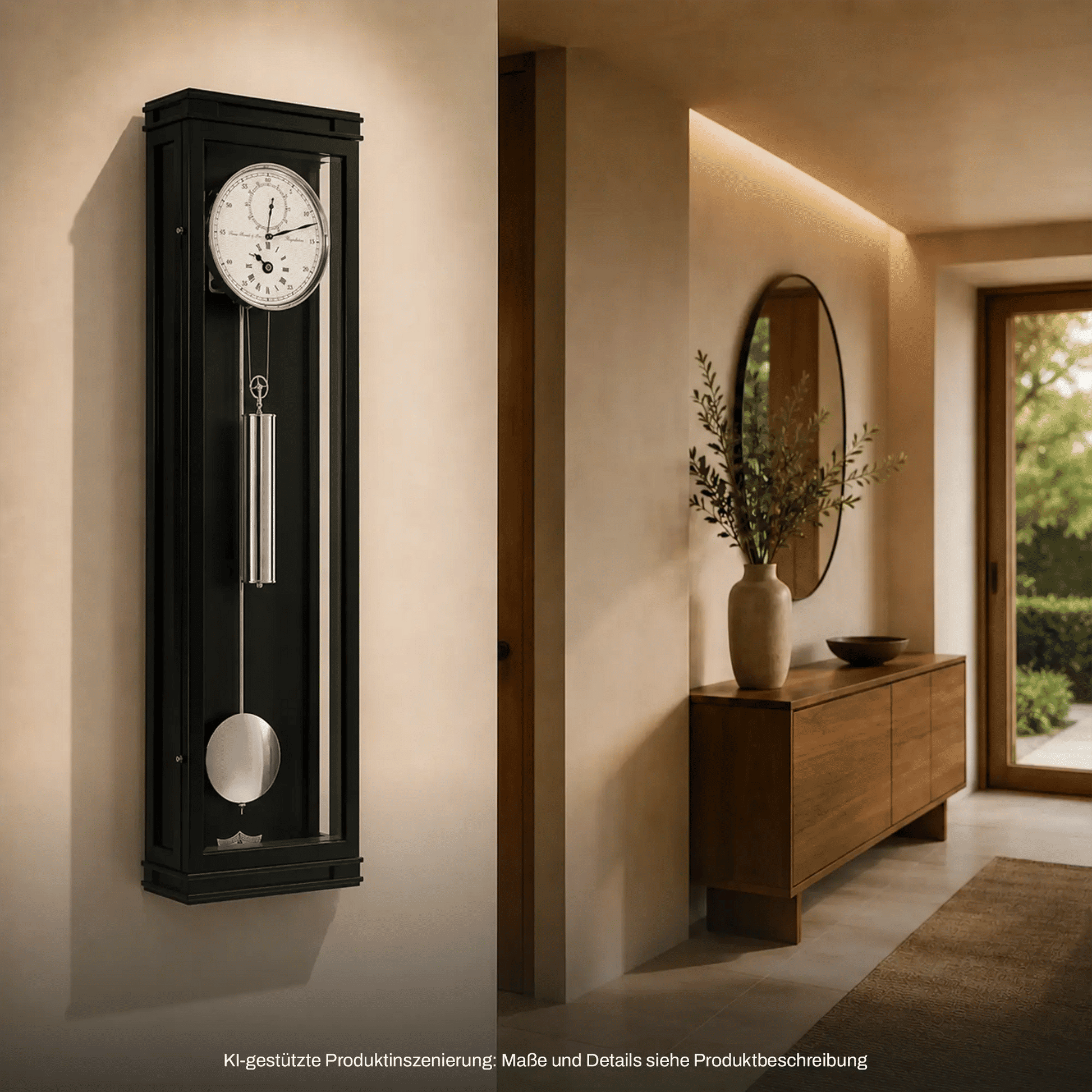 Wanduhr mit schwarzem Glaskasten, rundem Pendelgewicht und senkrechtem Pendelstab