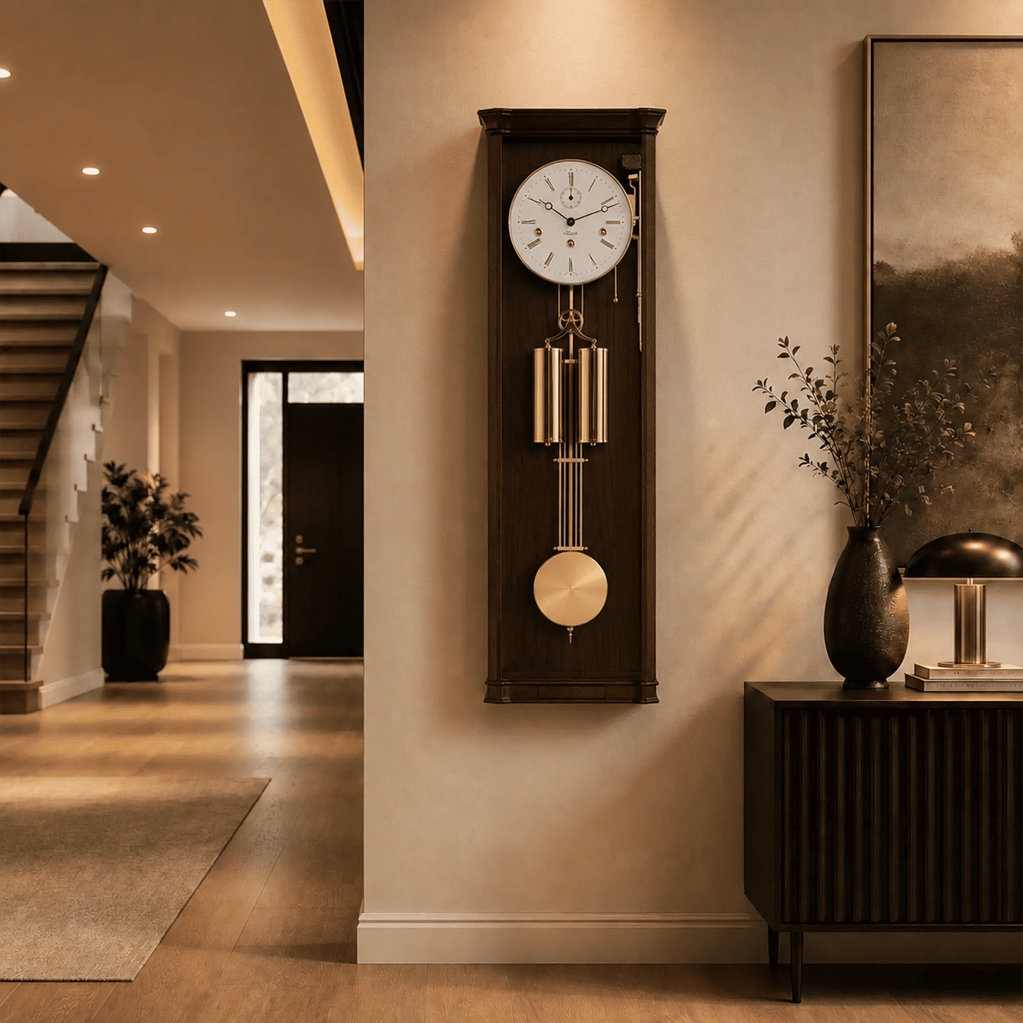 Reloj de pared color nogal con esfera redonda y péndulo de latón con peso de bola