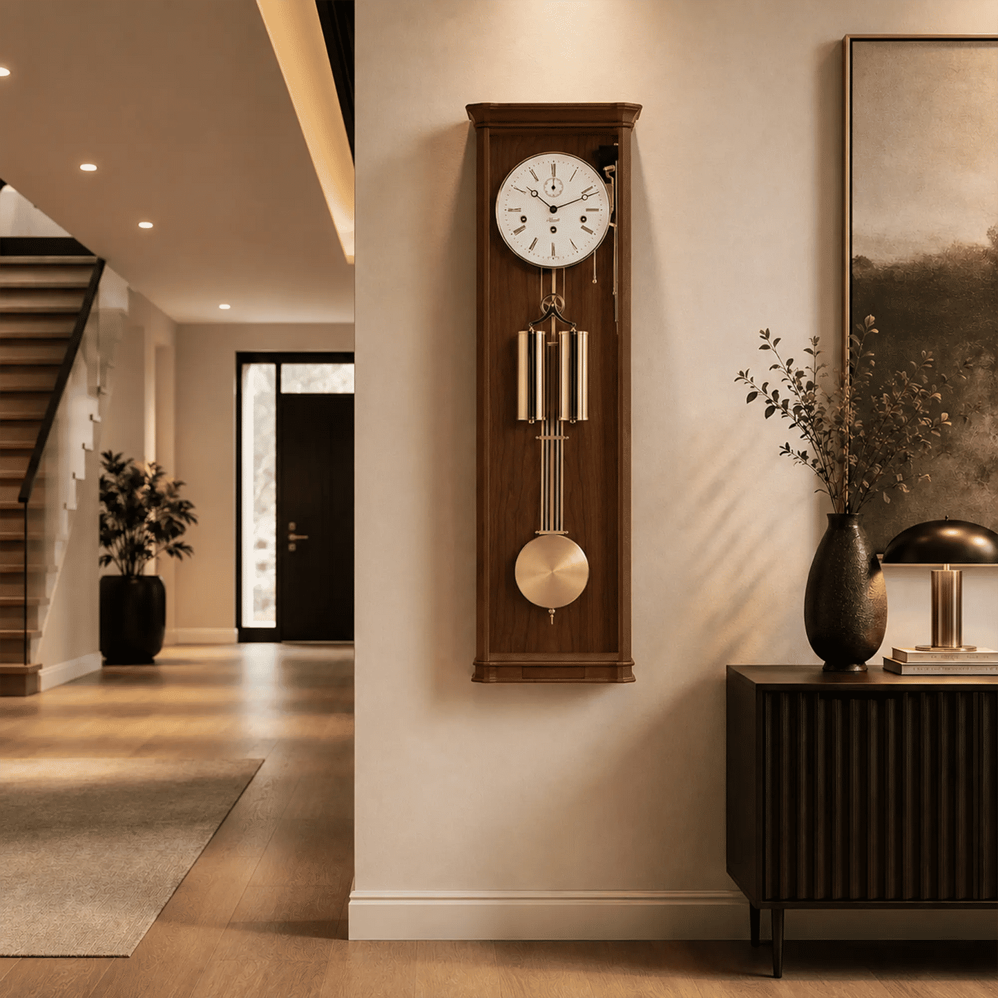Reloj de pared de madera marrón con esfera blanca, varillas de gong doradas y péndulo
