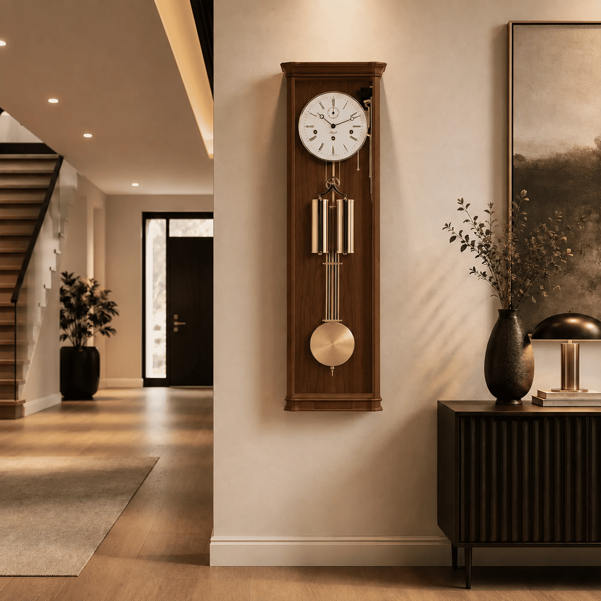 Reloj de pared de madera marrón con esfera blanca, varillas de gong doradas y péndulo