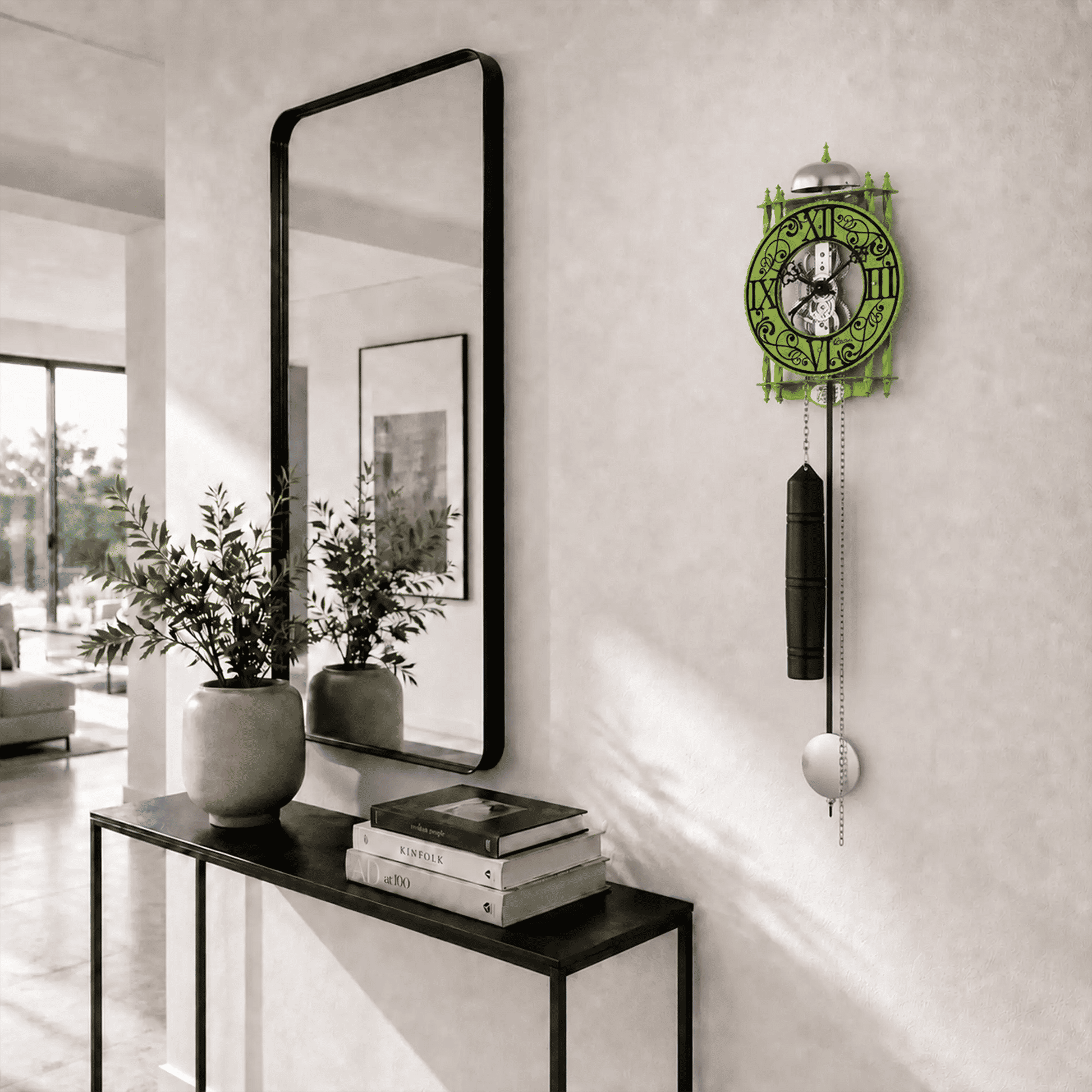 "Reloj de pared verde en la pared con esfera romana y péndulo"