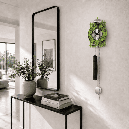 "Reloj de pared verde en la pared con esfera romana y péndulo"