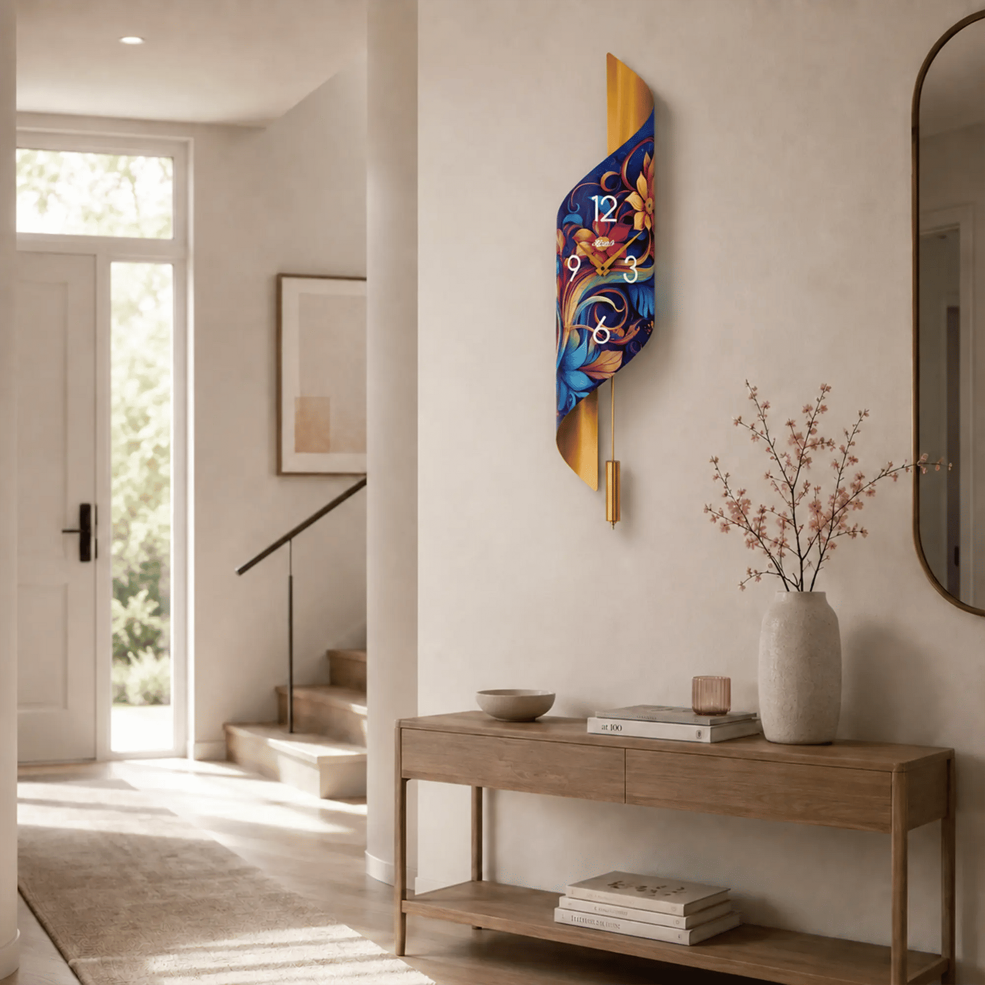 "Reloj de pared con soporte dorado, motivo floral abstracto y números del 1 al 12"