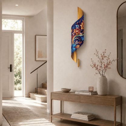 "Reloj de pared con soporte dorado, motivo floral abstracto y números del 1 al 12"